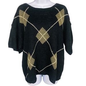 Vintage 90s Rafaella Sweater Womens Plus 1X Black Argyle Short Sleeve New